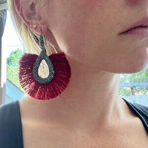 Red Fringe + Gemstone Statement Earrings